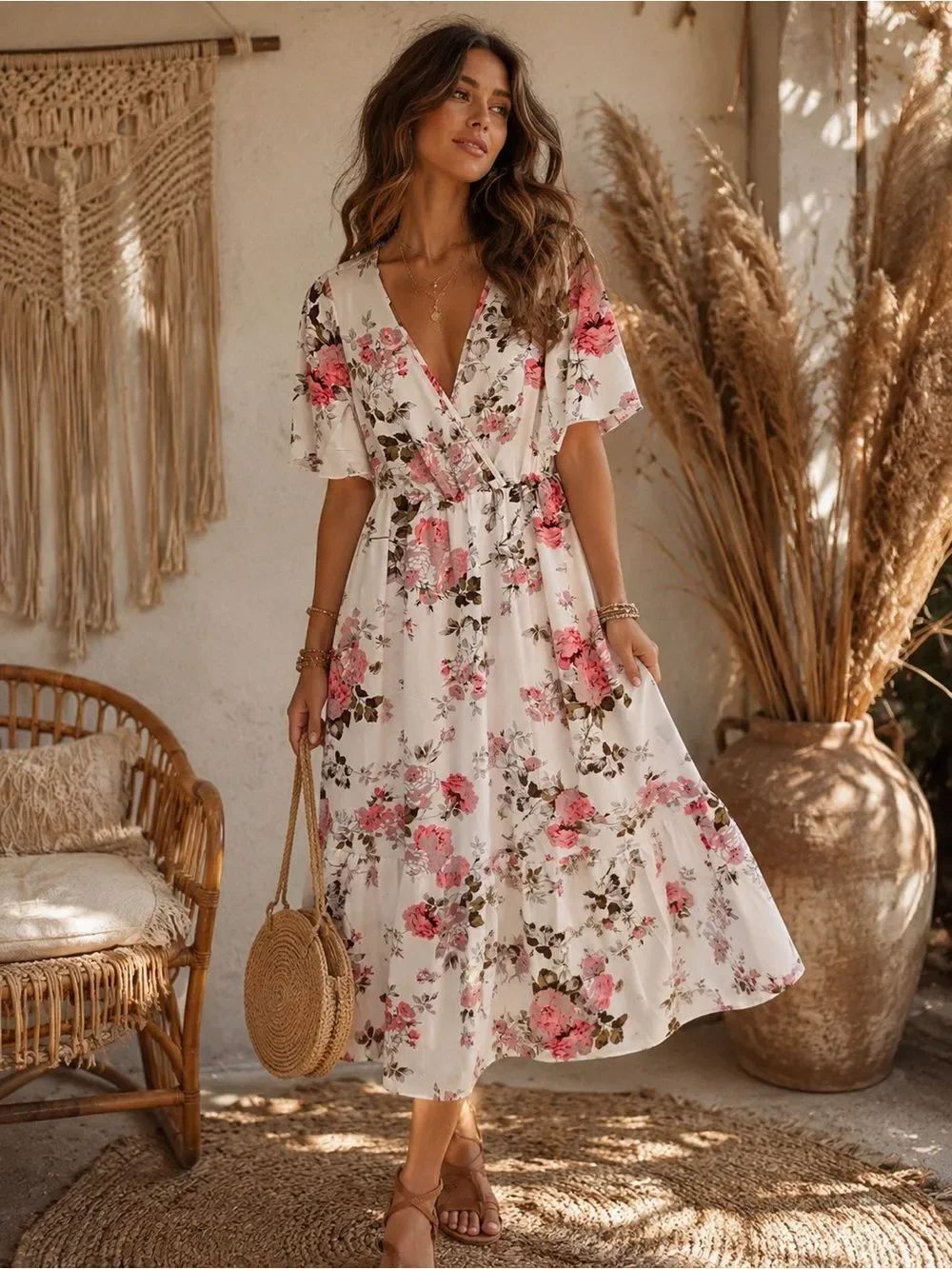 Amazon Boho Chic Cream Floral Maxi Dress with Pink Blooms